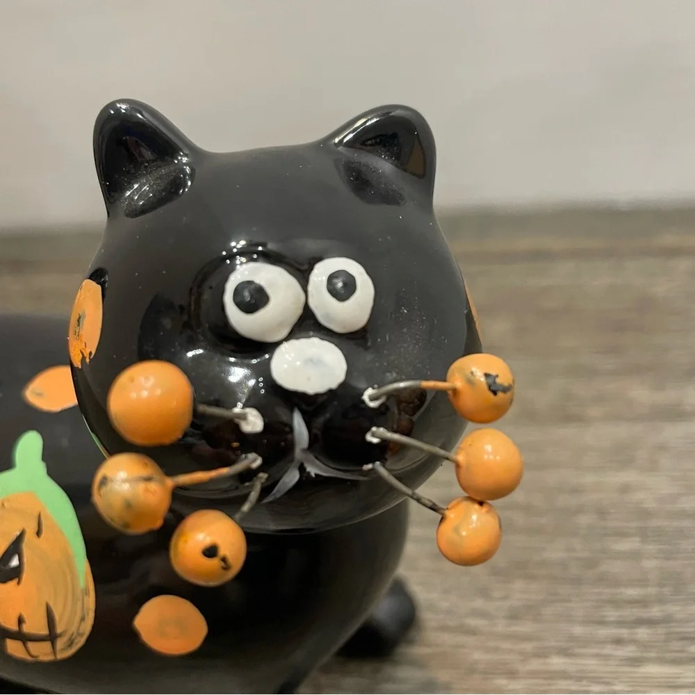 Halloween Black Cat Figurine. Whiskers wire ceramic. Whimsical. Pre-owned